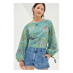 Anthropologie Maeve Embroidered Green Striped Floral Top Blouse XL